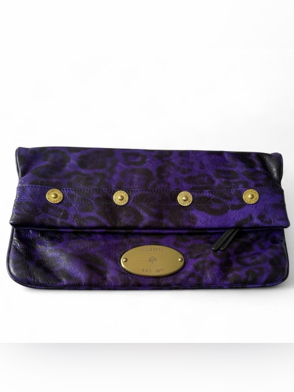 Mulberry Purple Leopard-Print Foldover Leather Clutch with Gold Hardware